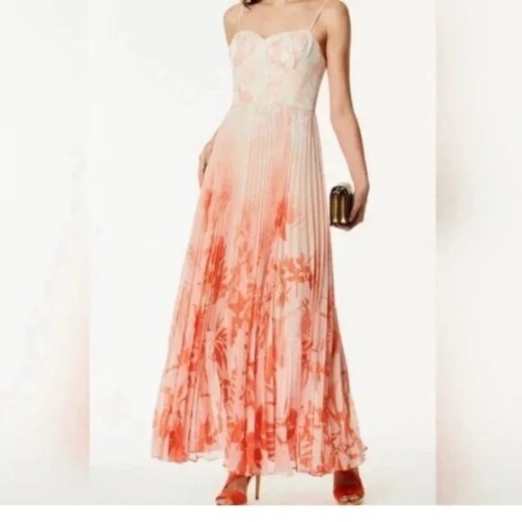 Karen Millen Ombre Floral Pleated Bustier Maxi Dress - Orange Size US 8 - Picture 2 of 8